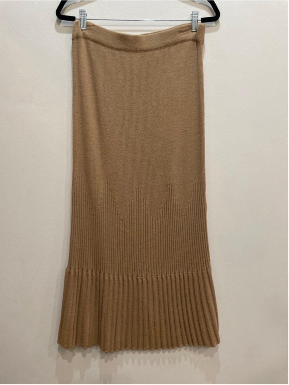 BARIBA Beige Pleated Knit Merino Wool Blend Maxi Skirt XL Minimalist Old Money
